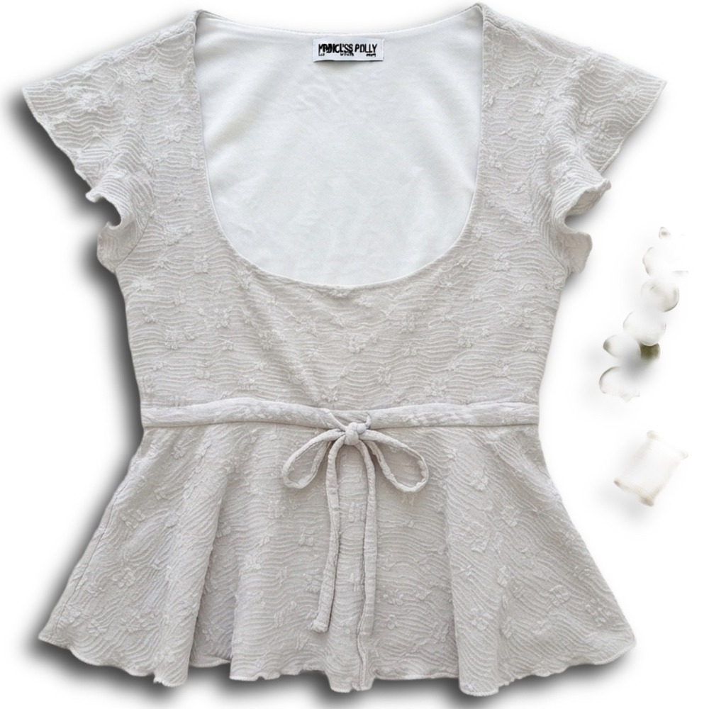 Princess Polly White Lace Peplum Top Short Sleeve Scoop Neck Tie Waist US 4